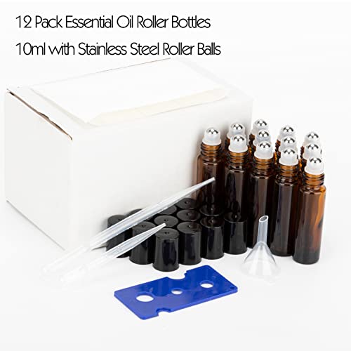 HTHOOOOOME 10ML Roller Bottles for Essential Oils, 12Pack Essential Oil Roller Bottles, Amber Glass Roll-On Bottles with Stainless Steel Roller Balls, 1 Opener, 2 Droppers, 1 Funnel - Thumbnail 7