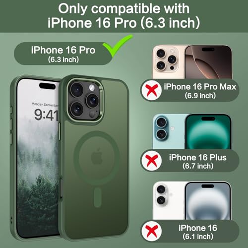 Image of BENTOBEN for iPhone 16 Pro Case [Compatible with Magsafe] Magnetic Matte Phone Case iPhone 16 Pro Translucent Slim Thin Shockproof Women Men Protective Cover Cases for iPhone 16 Pro 6.1 inch, Forest Green