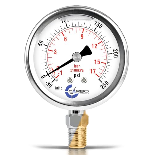 Image of Compound Pressure Gauge -30 inHg to 250 PSI, Liquid Filled, 2.5 inch Dial, 1 /4 NPT Lower Mount, 304 Stainless Steel Case, Brass Wetted Parts, PSI /inHg - ASME B40.1 Grade A