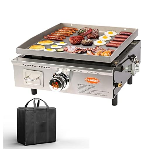 Hisencn Portable Flat Top Grill Propane Gas Grill for Outdoor, Camping, Tabletop, Countertop, Kitchen, Tailgating, 268 sq. in. Heavy Duty & 15000 BTUs Griddle for BBQ Grill, 17 Inch, with Carry Bag