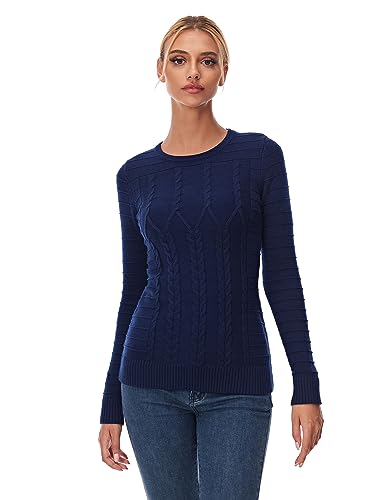 Image of AmelieBoutik Women Crewneck Geometric Cable Knit Long Sleeve Sweater Top(Blue X-Small)