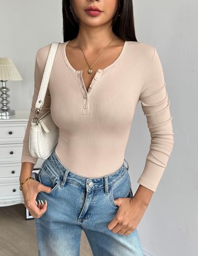 Zeagoo Women's Long Sleeve Shirts Henley Ribbed Knit Slim Fit Basic Tops Casual Trendy Clothes2
