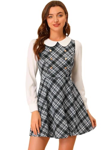 Image of Allegra K Women's Peter Pan Collar Contrast Color Button Decor A-Line Preppy Plaid Mini Dress