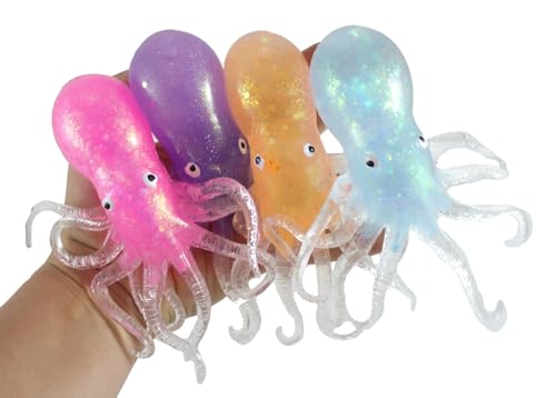 Set of All 4 Gooey Gel Filled Octopus Fidget Stress Toy - Soft Squishy Stress Ball Squeeze Fun Ocean Animal (Set of All 4 Colors)