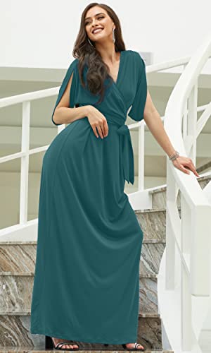 Image of KOH KOH Plus Size Womens Long Formal Short Sleeve Cocktail Flowy V-Neck Casual Bridesmaid Wedding Party Guest Evening Cute Maternity Work Gown Gowns Maxi Dress Dresses, Teal Green 2XL 18-20