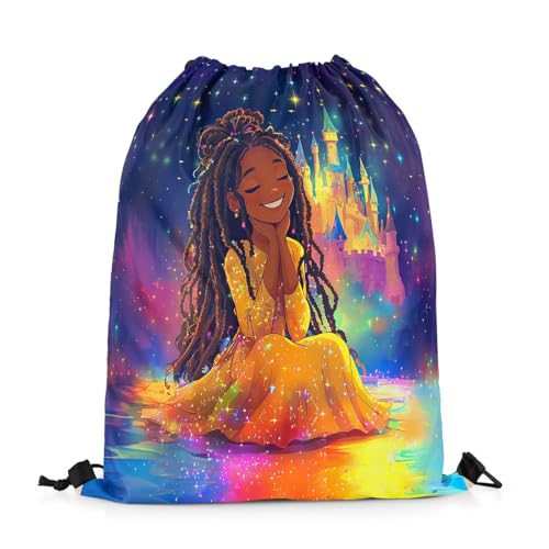 Image of jejeloiu Cute Black Drawstring Backpack 13x15.7inch African American Waterproof Gym Drawstring Bags Princess Theme Sports String Backpack Beach Swim Travel Bag Sackpack(N