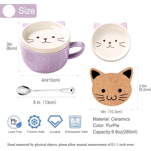 Taza de cerámica morada con tapa y diseño de gato kawaii miniatura 4