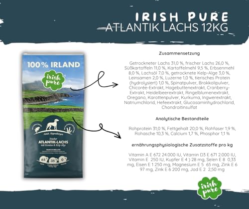 Irish Pure Atlantik Lachs Adult - Hundefutter - 12kg + 6x390g - getreidefreies Trockenfutter & Nassfutter – hypoallergen mit Kelp-Alge & Gemüse – Single Protein – natürlich & sensibel - Sparpaket
