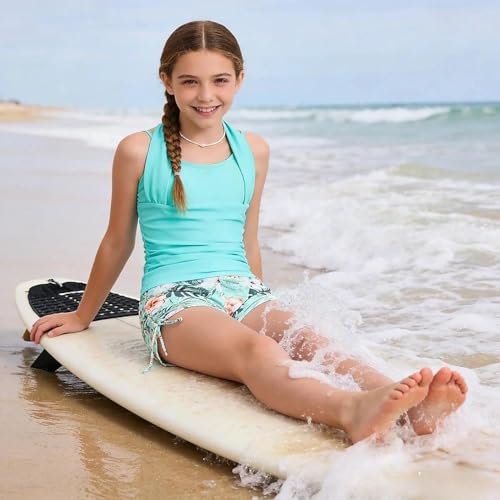 Image of Size 7-16 Years Girls Slim Fit Swimsuit 2 Piece Halterneck Tankini Swimsuit Drawstring Printed Swim Shorts