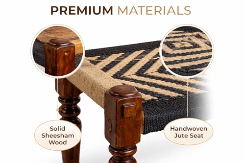 Image of Handwoven Wooden Bench | Traditional Rope Charpai Stool | Solid Wood Frame Seating for Living Room, Balcony & Outdoor | Durable & Stylish Design (Black with Jute)