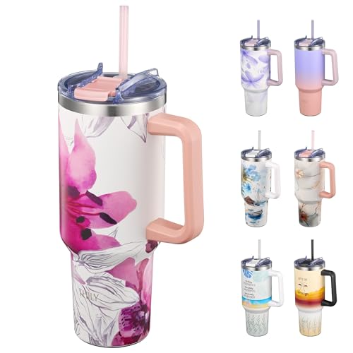 THILY Edelstahl-Isolierbecher 1180ml mit Griff – Vakuumisolierter Reisebecher, Dichtschließender Deckel, 34h Kalt & 12h Warm, Spülmaschinenfest, Inkl. 2 Strohhalmen + Bürste, Lotusblume