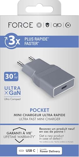 Chargeur USB C Pocket 30W Power Delivery UltraGaN Gris, adaptateur secteur universel pour téléphone