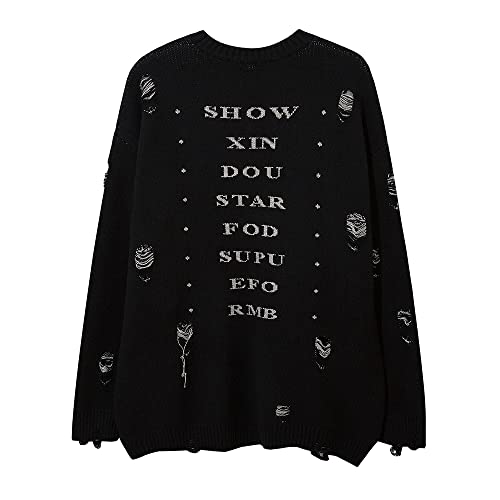 Harajuku Destroyed Hip Hop Destroyed Ripped Crewneck Pullovers Knitwears Sweaters Men Black2