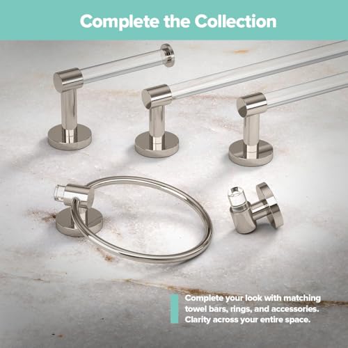 Image of Gatco 5722 Clarion Towel Ring, Polished Nickel, Wall-Mounted Bathroom Hand Towel Holder, Crystal-Clear Acrylic Modern Bathroom Accessory