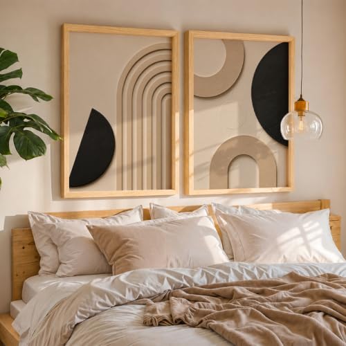 Image of NoWorries Abstract Geometric Wall Painting Set of 2 with Frame | Black Beige Arch & Circle Texture Artwork, Modern Minimal Wall Decor for Living Room, Bedroom, Office and Home Decoration (Art-10, 17x25inch)