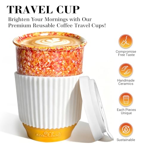 Set 2 Mugs Viaje Cerámica 13oz con Tapa Naranja Azul miniatura 2
