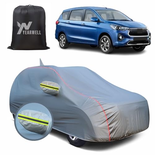 Image of Car Body Cover for Toyota Rumion, 100% Waterproof, Heat-Resistant with Mirror & Antenna Pockets, Soft Cotton Lining, Triple Stitched, Green Reflector (Metallic Grey)