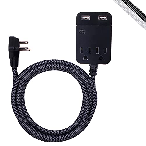 GE Pro 2 Outlet 2 USB Surge Protector, 12W/2.4A Total USB Power, 10 ft Braided Extension Cord, for iPhone 11/Pro/Max/XS/XR/X/8, iPad Pro, Samsung Galaxy, Google Pixel, 250 Joules, Black/Gray, 41500