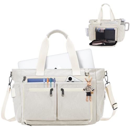 Corduroy Tote Bag for Women with Laptop Compartments and Zipper Pockets Teacher Daily Work Crossbody Bag for School