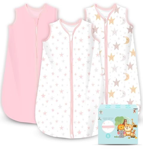 Image of Cute Castle Baby Sleep Sack 0-6 Months - Lightweight 100% Cotton 2-Way Zipper TOG 0.5 Infant Wearable Blanket, Newborn Essentials Toddler Sleep Clothes, 3 Pack(Pink, Moon, Stars)