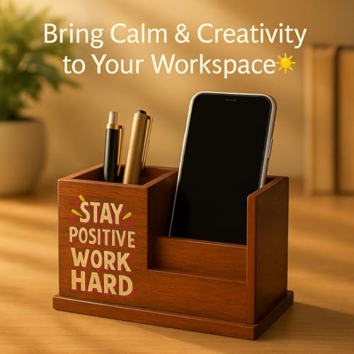 Image of Handcrafted Wooden Pen Holder & Mobile Stand | Premium Desk Organizer for Office, Home & Study Table | Pen Pencil Stand with Card Holder | 6.75 x 3.75 x 2.5 Inch (Stay Positive Desk)