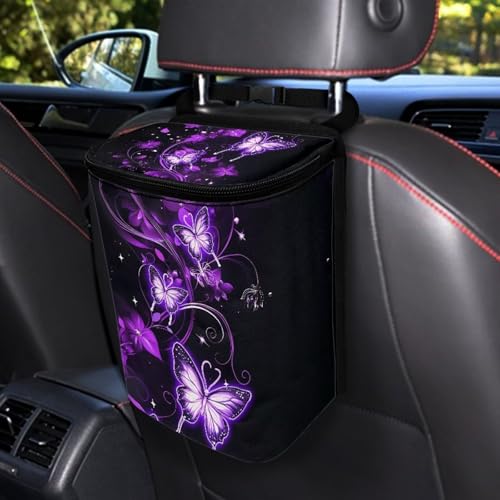Image of KEIAHUAN Purple Butterfly Car Garbage Bag Hanging Collapsible Large Capacity Garbage Can Portable Car Trash Can with Lid Collapsible Vehicle Interior Accessories for Women
