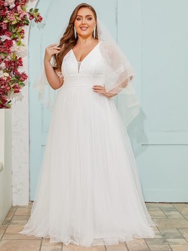 Ever-Pretty Plus Women's Lace V Neck A Line Short Sleeves Long Simple Bridal Gown Plus Size Wedding Dress for Bride3