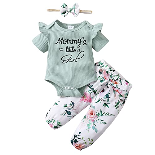 Image of nilikastta Baby Girl Clothes Newborn Infant Girl Outfits,Short Sleeve Bodysuit Ruffled Floaral Pants Headband Set(Light Green,0-3M)