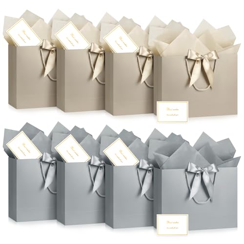 Image of JMANNI Gift Bags with Handles, 13 inch Medium Gift Bag for Presents, 8 Pcs Bags with 16 Tissue Paper and 8 Cards for Baby Shower Wedding Bridal Shower Mother's Day Birthday Party(Champagne silver)