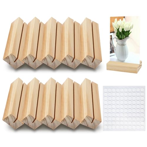 10Pcs Mini Menu Card Place Holders, 7 x 2.2cm Simple Wooden Place Card Holders, Wood Table Number Holders Photo Stands, Picture Name Postcard Displays with Double-Sided Adhesvie for Offices Decoration
