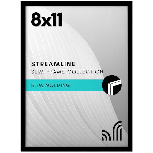 Americanflat 8x11 Picture Frame with Shatter-Resistant Glass - Streamline Collection - Thin Border Photo Frame for Tabletop and Wall Display - Hanging Hardware and Easel Stand Included - Black