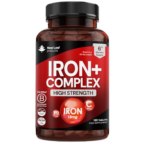 Gentle Iron Tablets Complex -Enriched with B12 & Vitamin C - Iron Supplements for Woman and Men - Ferrous Fumarate Energy Tablets Reduction in Tiredness and Fatigue (6 Months Supply) High Strength