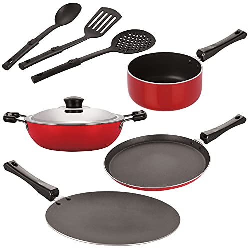 Image of Nirlon Nonstick Coated Aluminium 7 Pcs Set of Concave Tawa-28.5cm,Deep Kadhai-24cm,Sauce Pan-16cm,Flat Tawa-27cm & 3 Spoon (2.6mm CT12 DKD(B) SP(M) FT12 3SPN)