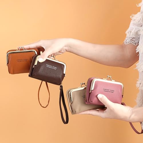 Elegant Kiss-lock Coin Purse Women's Wallet Wristlet Pu Leather Women Accordion Multi Card Slots Zipper Card Holder Small Wallet with Wrist Strap Change Purse Pocket Compact Organizer (Brown)3