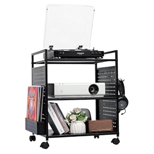 PLKOW Record Player Stand Audio-Video Organizer Rack, Rolling Media Stand for Vinyl Display, AV Components, Game Discs, Controllers & Headphones (Black)