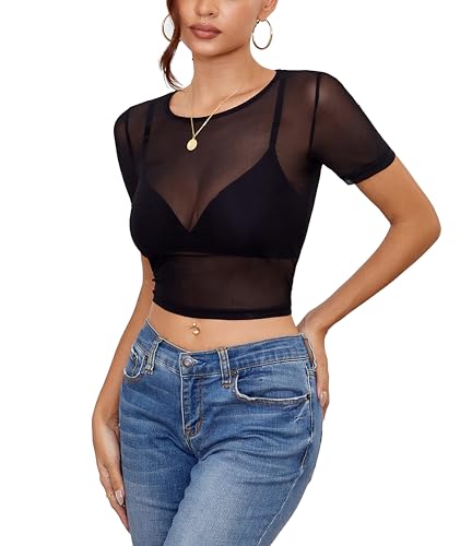 Women's Mesh Tops Short Sleeve Sheer Tee Shirts See Through Bodycon Shirts
