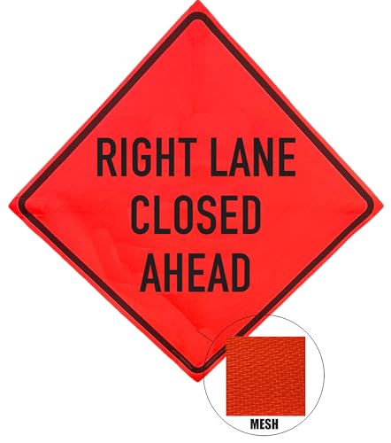 Image of OrangeGear 36 inchx36 inch Right Lane Closed Ahead Mesh Sign & Steel Spring Stand | MUTCD TTC compliant orange mesh roll-up sign kit with fiberglass cross ribs and single-spring steel stand.