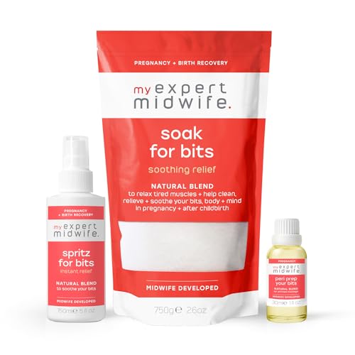 My Expert Midwife Look After Your Bits Birth Recovery Essentials with Spritz for Bits Postnatal Relief Spray, Peri Prep Perineal Massage Oil and Soak for Bits Premium Bath Salts