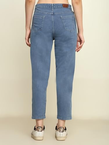Image of Zayla Women's Mom Fit Cloud Wash Jeans I Full-Length Denim Stretchable High Waist Pant with Curved Pocket I Clean Solid Loose Fit Pants I for Everyday Office Party Girls