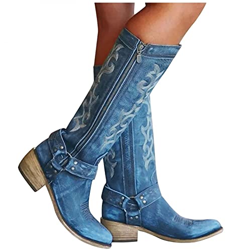 Hbeylia Western Boots For Women Vintage Casual Breathable Denim Round Toe Chunky Low Heels Western Cowgirls Boots Women'S Knee High Length Tall Riding Boots For Ladies Autumn Winter