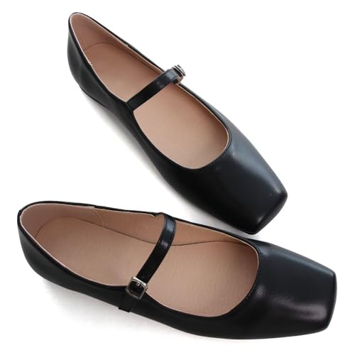 TN TANGNEST Leather Flats for Women Comfortable Square Toe Slip On Flats Soft Work Flats Retro Mary Jane Flats Black 38(7) 2