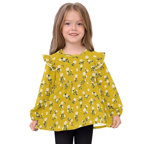 Daisy Flower Yellow P Girls Shirts Cotton Long Sleeve Ruffle Toddler Tee Tops3