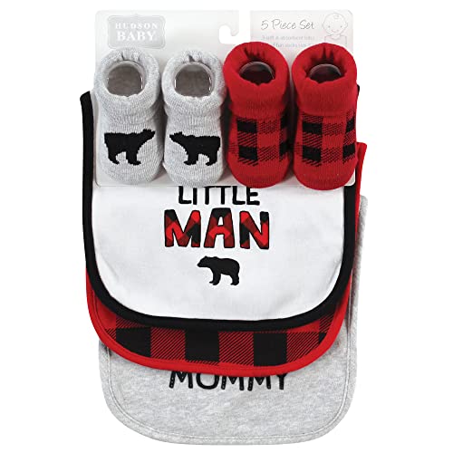 Image of Hudson Baby Unisex Baby Cotton Bib and Sock Set, Buffalo Plaid Family, One Size