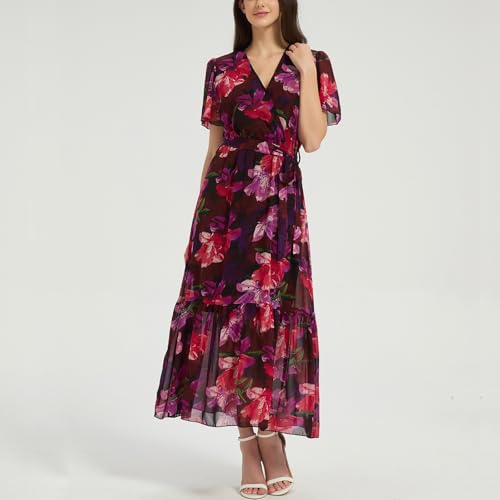 Image of Women's Summer Bohemian Floral Chiffon Dress Cap Sleeve V Neck Ruffle Long Flowy Boho Casual Vacation Dresses