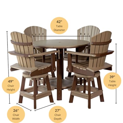 DutchCrafters Recycled Poly Round Balcony Dining Set, Table with 4 Chairs, Bar Height, Swivel Chairs, 5 Piece Patio Furniture Set, Amish Made in USA, Two-Toned Colors (Weatherwood & Brown)