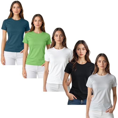 Image of Womens T Shirt Fitted Crew Neck Short Sleeve Top Assorted - 5 Pack Set3 M