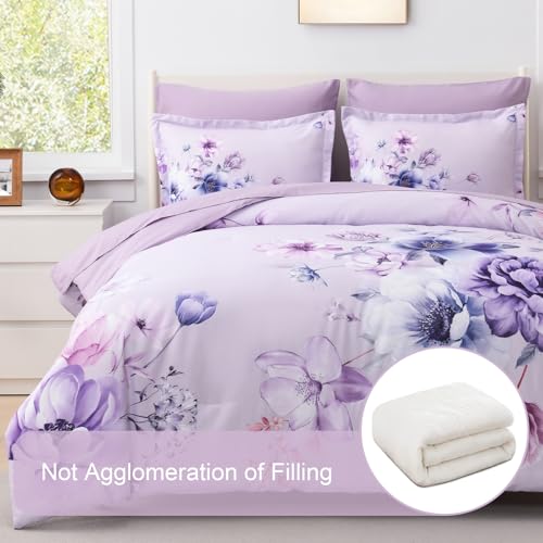 Image of Floral King Size Comforter Set - 7 Piece Botanical Purple Flower Bed in a Bag Ulter Soft Microfiber Bedding Set, Lightweight Bed Comforter Set with Sheets for All Season (Purple, King)