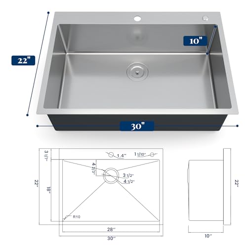 30 x 22 Drop-In Workstation Kitchen Sink – 16 Gauge Stainless Steel Topmount Sink, 10" Deep Single Bowl & 5 Accessories