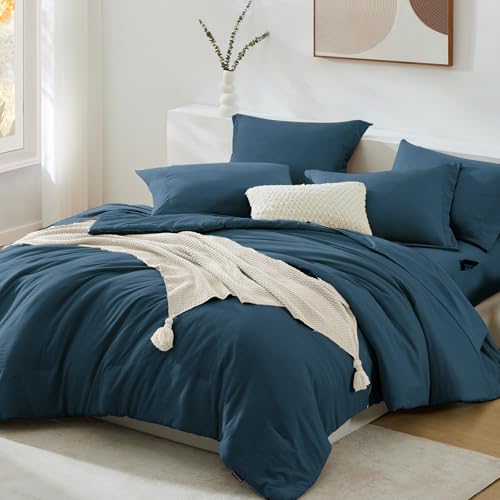 Image of Queen Comforter Set-7 Pieces Soft Prewashed Bed in a Bag Queen Bedding Sets | All Season Comforter with Sheets, Pillow Shams & Pillowcases,Blue