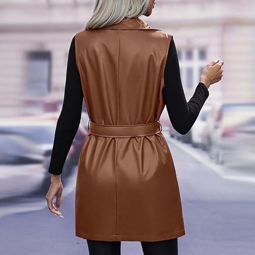 Leather Jacket Women Sleeveless Long Pu Vest Jacket Lapel Open Front Leather Coats Fall Winter Jackets With Belt3